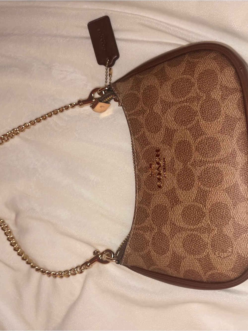 Coach Tan/Brown Signature Canvas Shoulder Bag with Gold Chain